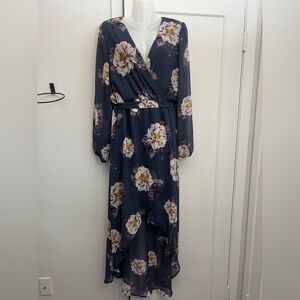 Deep Blue Floral Layered Long Sleeve Maxi Dress